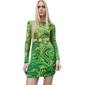 Zara Green knit Long Sleeve cut out Bodycon Dress